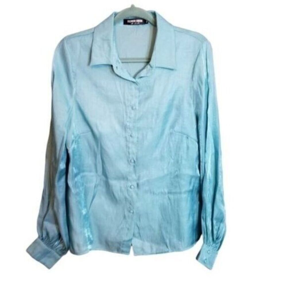 Fashion Union Womens Sz 12 Blue Green Solid Long Sleeve Button Up Blouse Shirt